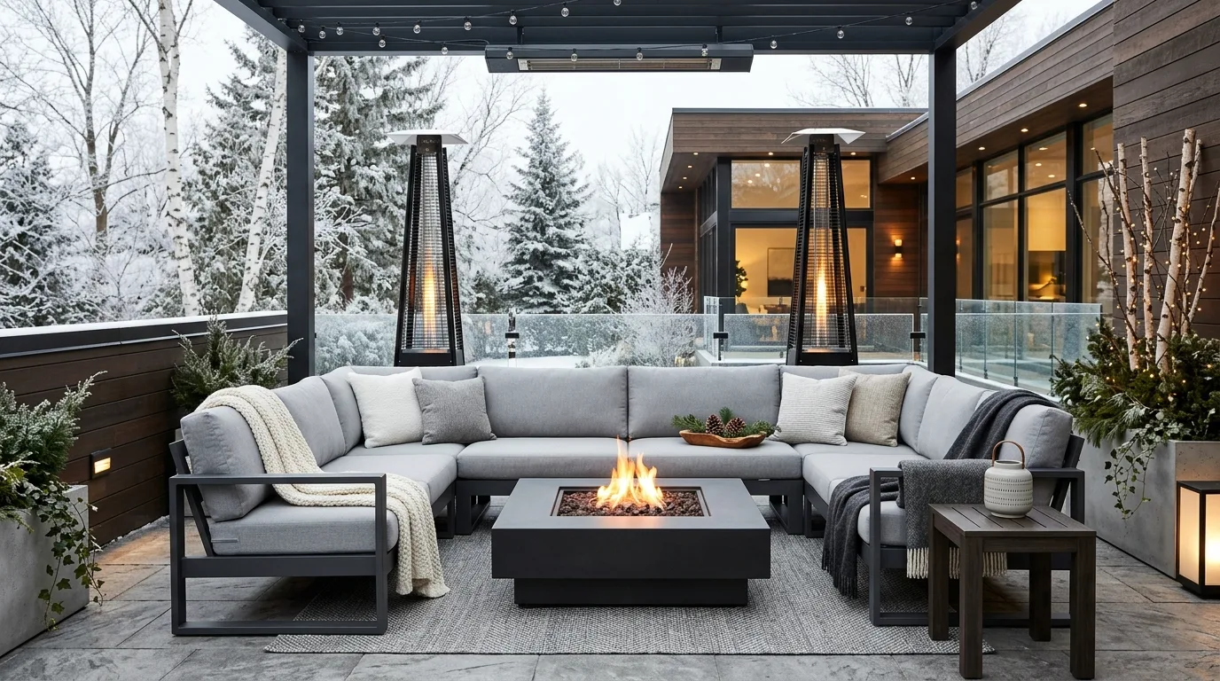 Create a seating layout that encourages conversation and staying inspiration for an outdoor winter patio.